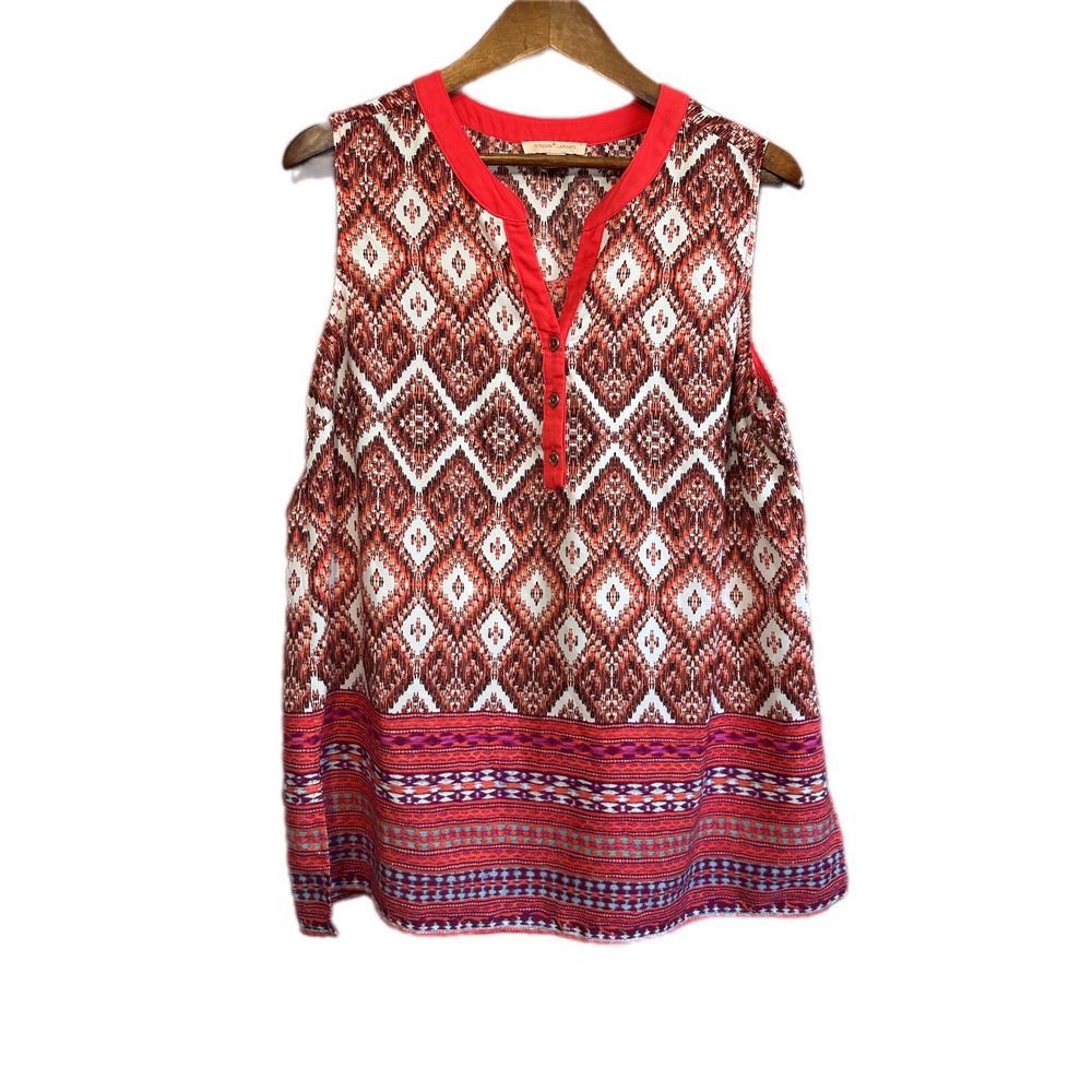 Gibson Latimer Sleeveless Blouse Womens Large Orange Ikat Geometric Excellent
